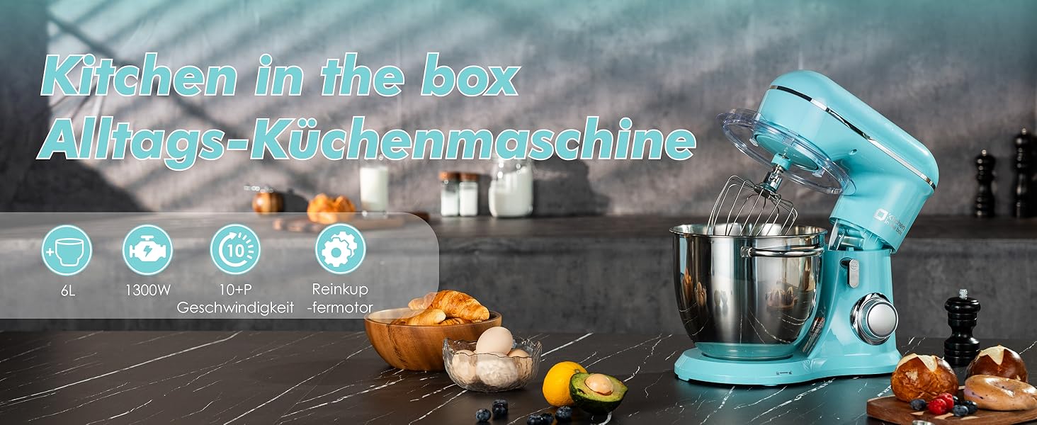 Кухонний комбайн Kitchen in the Box: 6 л, блакитний, з місткістю 3.5 л, 10 швидкостей, міксер, насадки для тіста та збивання