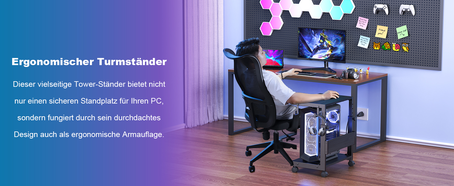 Регульована підставка для комп'ютера Tower, чорна, 44x30x44-59.5 см з ATX корпусом та місцем для зберігання