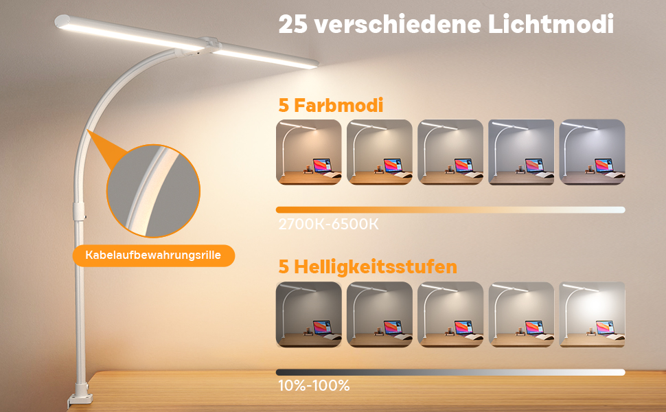 LED настільна лампа Doppelkopf з регулюванням яскравості, 24W, 80см, з клемою, денне світло, гнушкий шийка, для офісу, захист очей, з тримачем для телефону, чорна