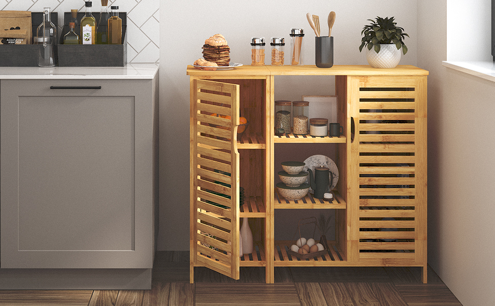 Шафа для ванної кімнати Sogesfurniture з бамбука, шафка для ванної, приліжкова шафка з 4 полицями та жалюзі-дверцятами, шафа для зберігання у ванну кімнату, вітальню, кухню (33x100x87 см)