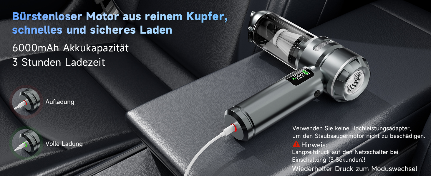 Акумуляторний ручний пилосос 24000Па для авто та дому, бездротовий міні-пилосос з функцією повітряного насоса та обдуву, 6000mAh, сріблясто-фіолетовий