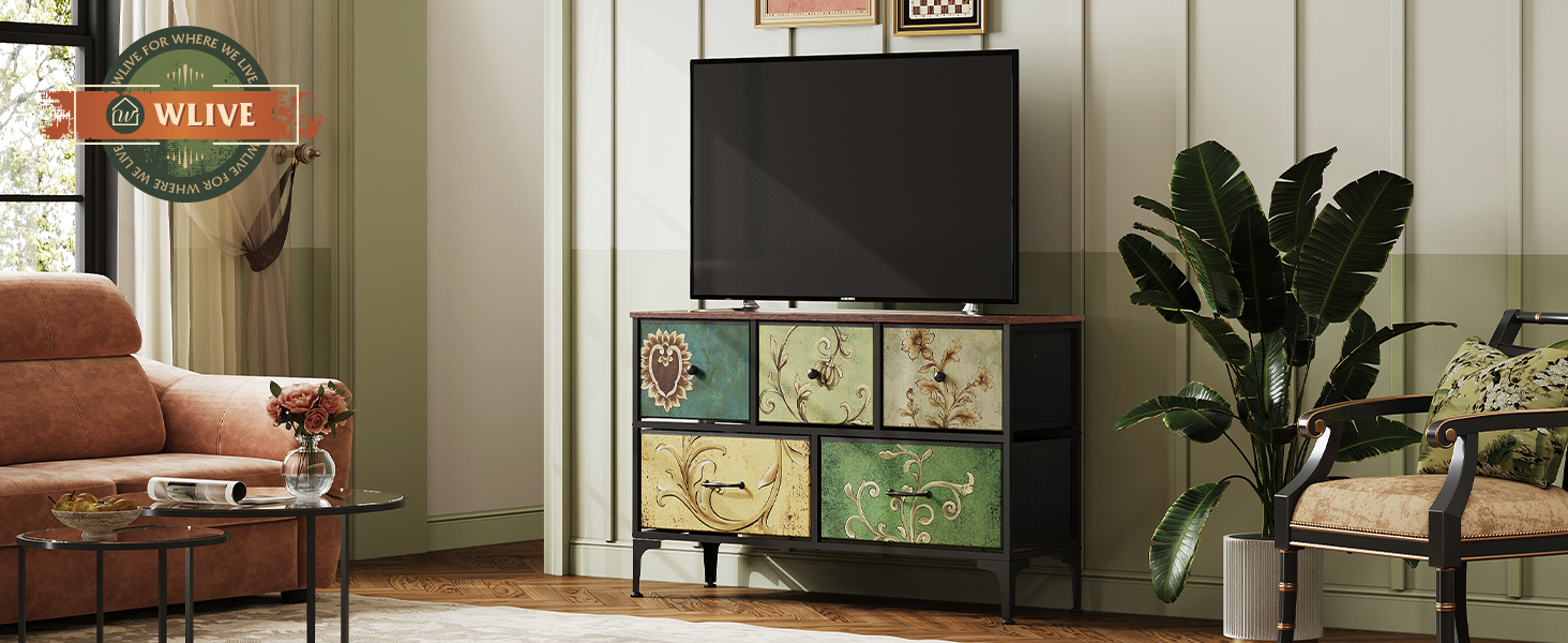 Комод WLIVE з 5 висувними ящиками з тканини, шафа для спальні, комод у вітальню, зі сталевим каркасом, богемний стиль, 29.8T x 100B x 63.7H см (5 ящиків), зелений