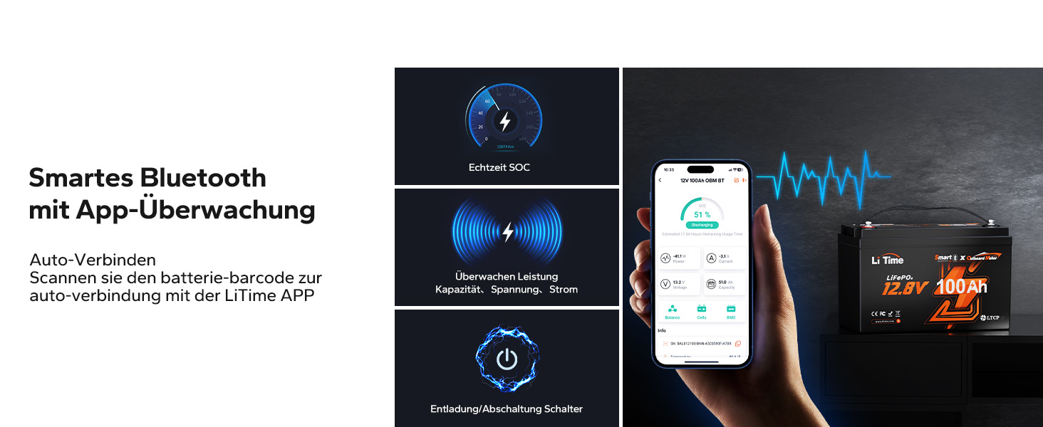 LiFePO4 акумулятор LiTime 12V 100Ah з Bluetooth для кемпінгу, житлових будинків та електромоторів човнів