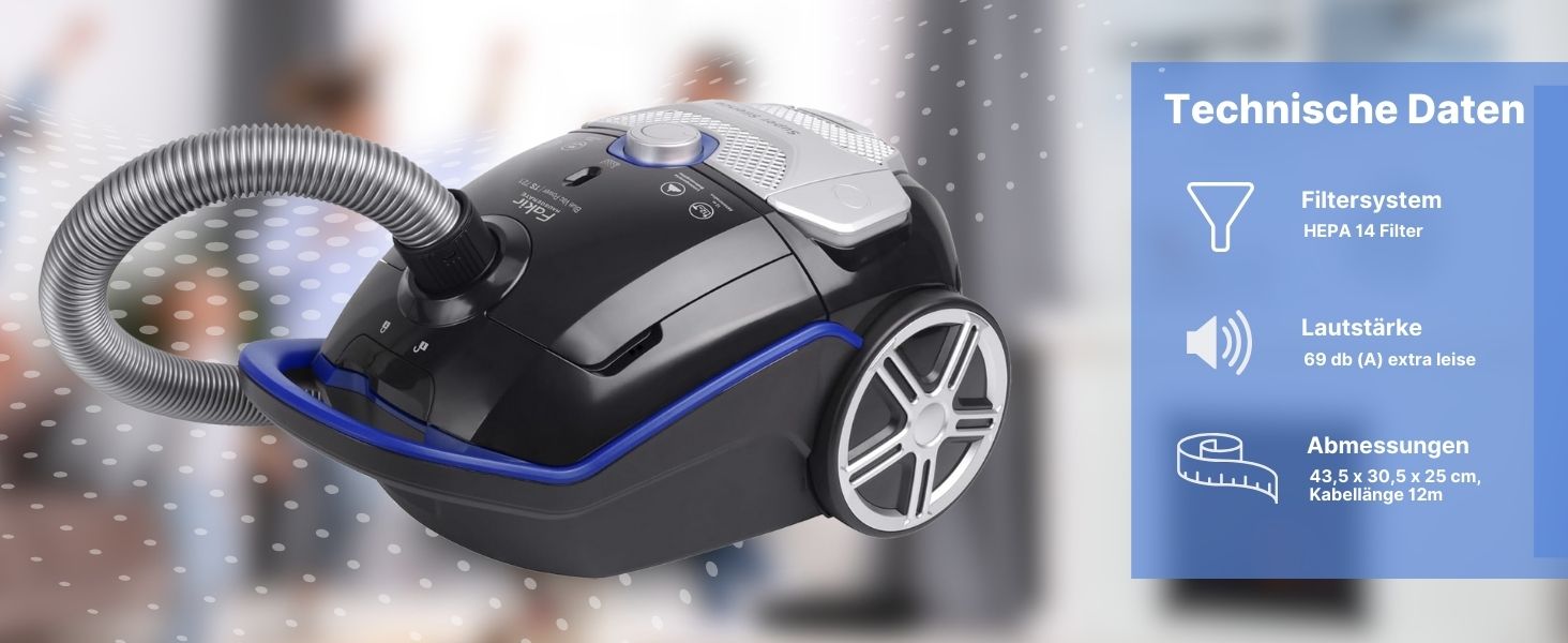 Пилсос Fakir Blue Vac Power TS 721 з мішком, 800 Вт, з кабелем, HEPA фільтр H14, тихий двигун 69dB(A), мішок 3л, радіус дії 12м, чорний/блакитний
