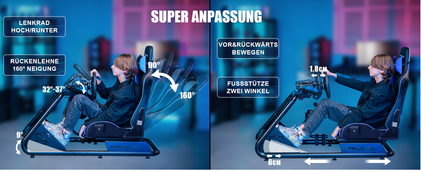 GTPLAYER Симулятор кокпіт для автосимуляторів, стійка для керма та педалей з динаміками (Синій)