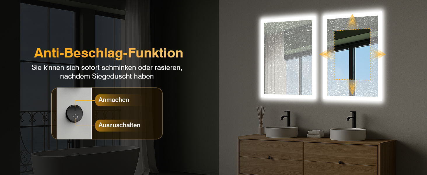 Дзеркало для ванної кімнати з підсвічуванням LED, антизапар, 2 кольори світла (3000K/6500K), вимикач-клавіша, прямокутне, 45 x 60 см