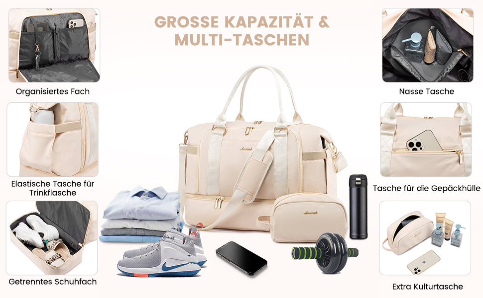 Спортивна сумка Lovevook для подорожей: жіноча дорожня сумка-шопер, сумка для вихідних з косметичкою, відділенням для взуття та мокрих речей, водонепроникна, 37л, бежева
