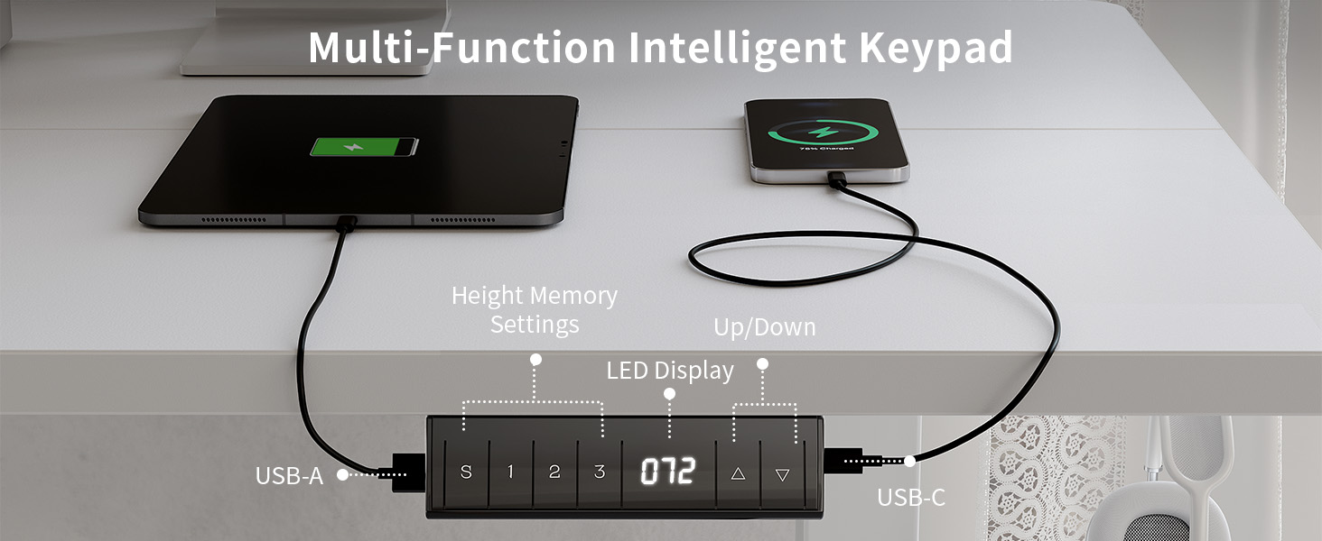 Електричний підйомний стіл FEZIBO 100x60 см, регульований робочий стіл з USB-C та USB-A портами, 3 режимами пам'яті, висота 72–118 см, білий