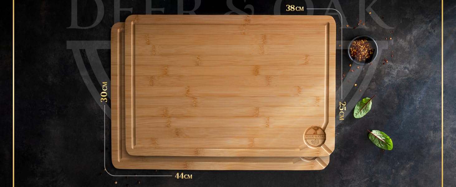 Набір дощок для нарізання Deer & Oak з бамбука XXL та велика (43x30 & 38x25 см) - для м'яса, овочів, професійні, попередньо оброблені олією
