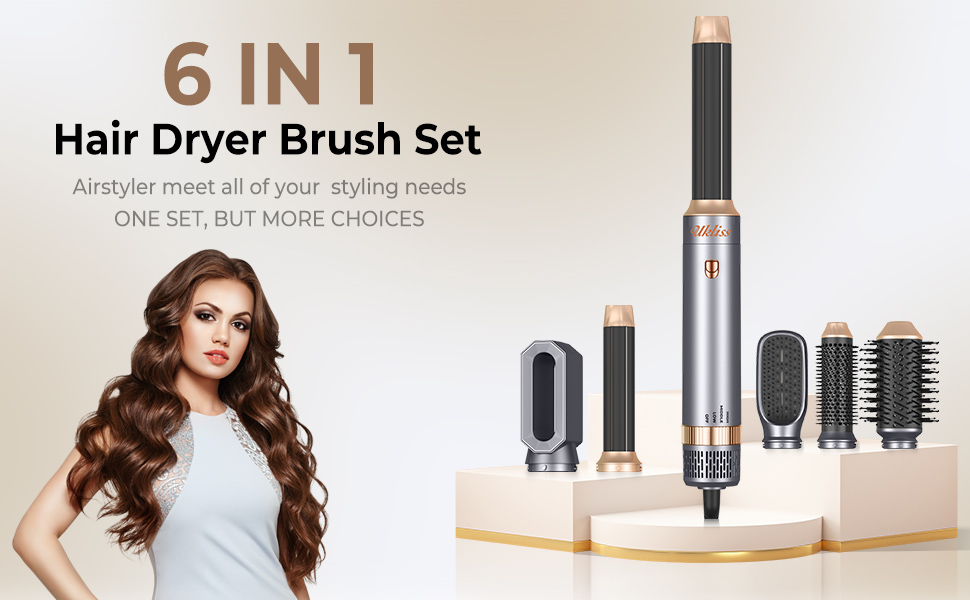 В 1, Hairstyler Hair Styler Набір щіток з теплим повітрям, Щітки для укладання Airstyler з автоматичною плойкою, Масажна щітка з теплим повітрям, Щітка для випрямлення волосся (сіра), 6