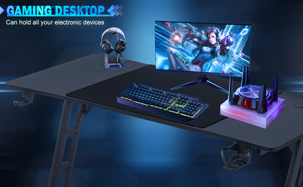 Ігровий стіл 120x60 см з А-подносінням, стіл для комп'ютера з тримачем для напоїв та гачком для навушників, карбонове покриття, стійкий, ергономічний для дому та офісу