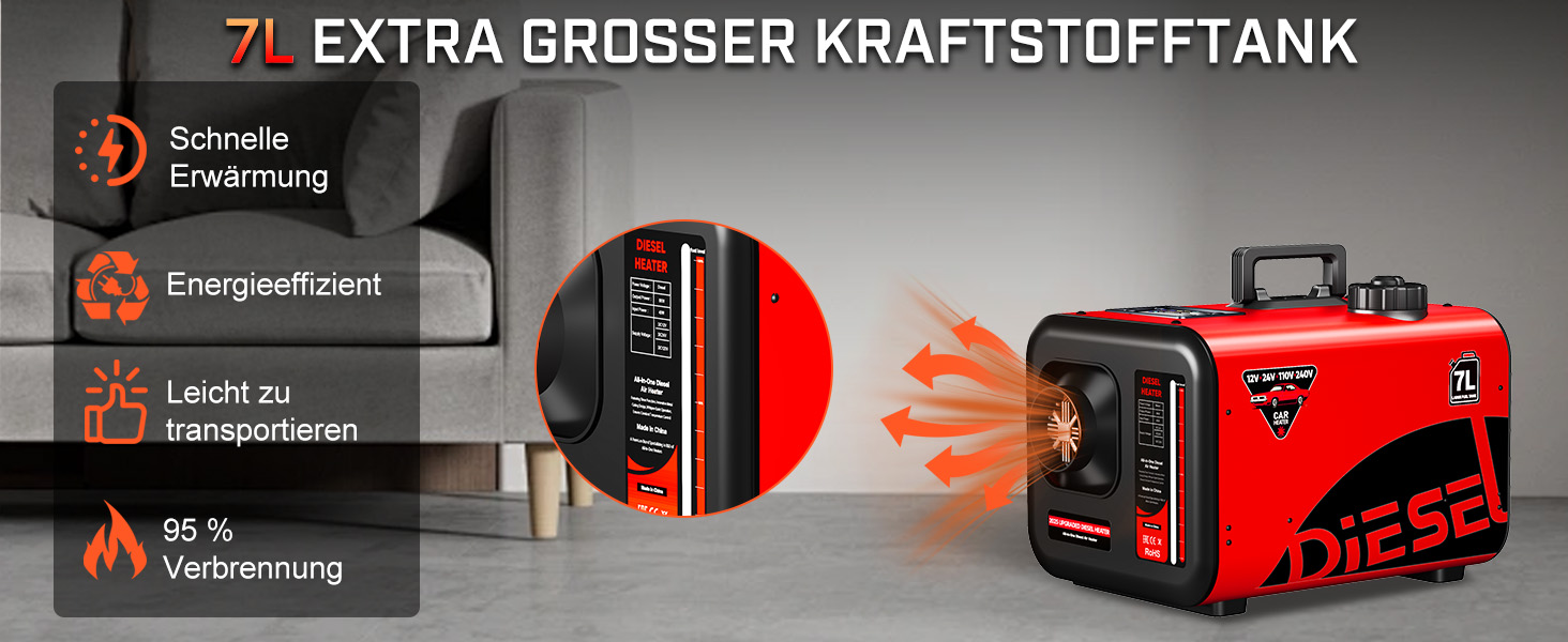 Дизельний опалювач LDHTHOPI 8 кВт, 12/24V з таймером, LCD-дисплеєм та пультом керування, швидким нагрівом 4.5л, для гаража, кемпінгу, автодому (червоний, 7л)