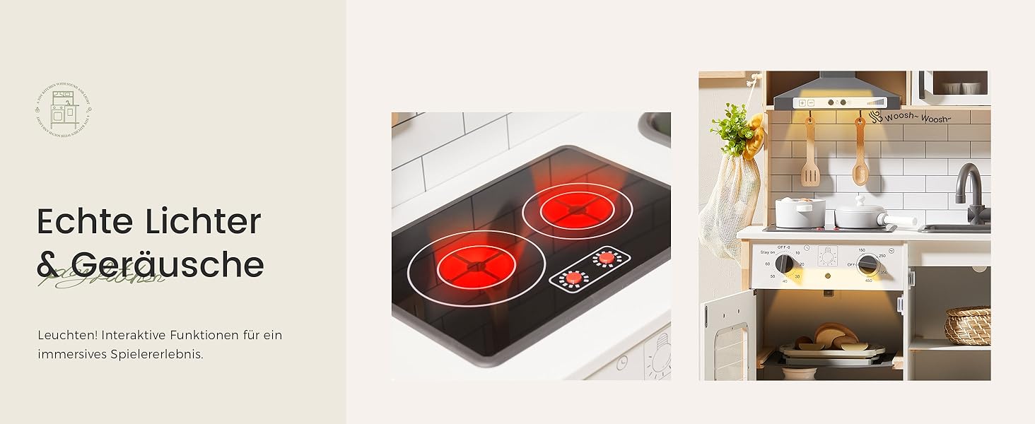 Дерев'яна дитяча кухня Tiny Land з аксесуарами: 18 предметів посуду та їжі. Іграшковий кухонний набір для дітей з підсвіткою та звуками.