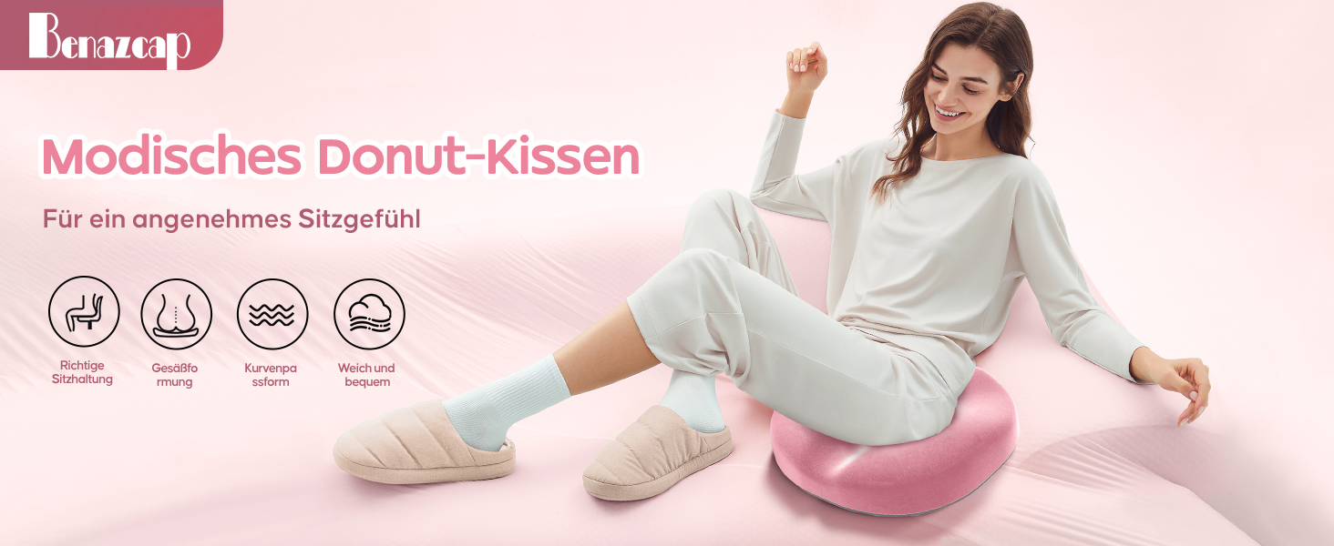Ергономічна подушка для сидіння Benazcap у формі пончика з ефектом пам'яті (Memory Foam) для офісу та авто, рожева