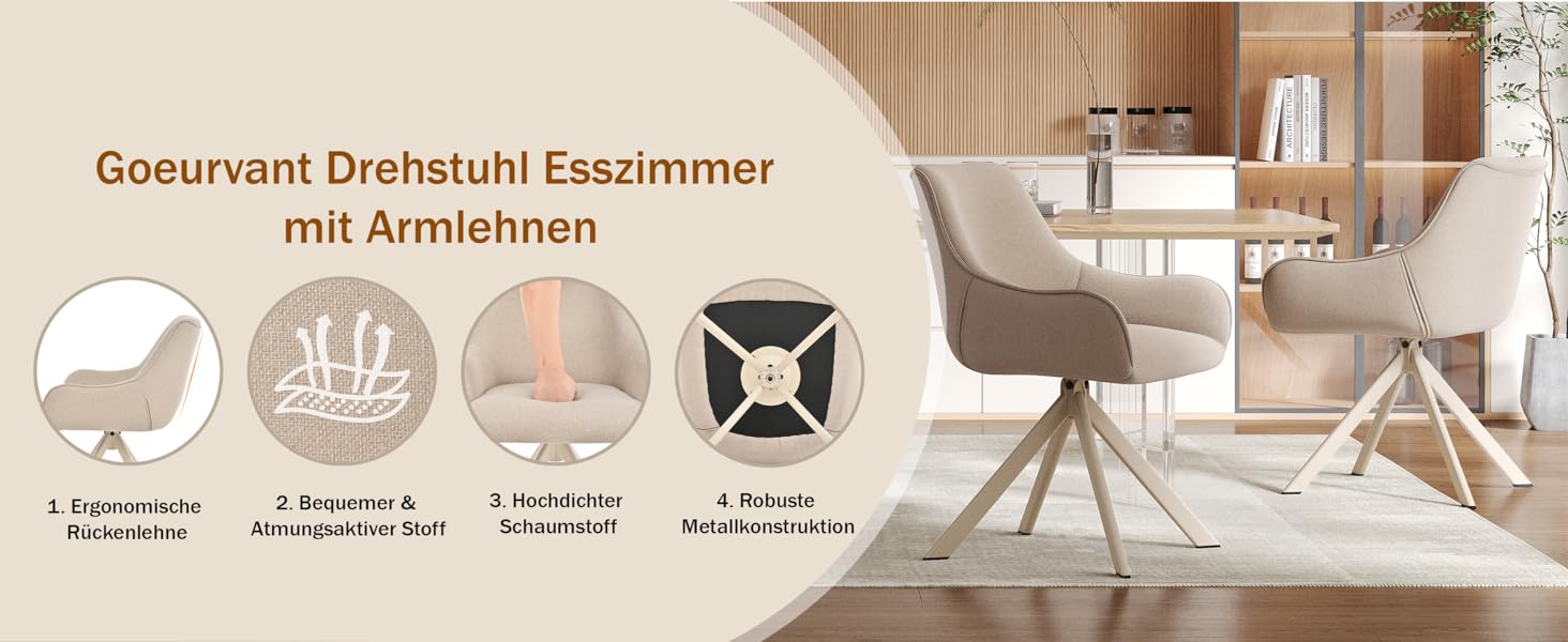 Обідні стільці поворотні, комплект 6 шт. з підлокітниками, 30° поворот, м'який стілець з льону, сучасний поворотний стілець для кухні, їдальні, вітальні, офісу, колір коричневий, металевий каркас, спинка