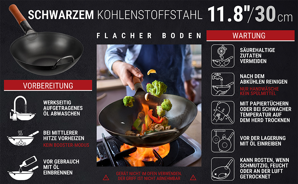 Вок YOSUKATA з вуглецевої сталі 30 см - для індукційних, газових, електричних плит та грилю