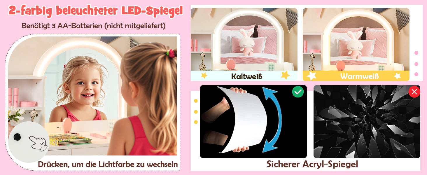 Дзеркальний столик для макіяжу Dreamade 2 в 1 для дівчаток з пуфом та LED-підсвіткою, з ящиком, полицею та шафкою, з дерева (білий)