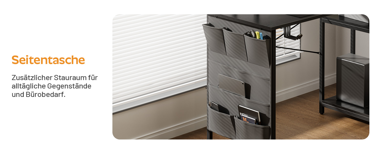 Кутовий стіл HLONONE з LED-підсвіткою та розетками, 110 x 80 см, з полицею, для комп'ютера, геймінгу, офісу, дому, білого (чорного) кольору