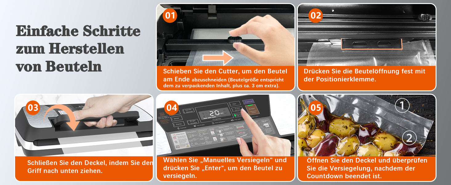 Вакууматор для продуктів 12-в-1 (95 kPa) з подвійним швом, системою Easy-Lock та вбудованим різаком, сріблястий