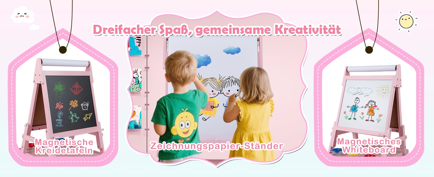 Дитяча мольберт DREAMADE 3 в 1 з магнітною дошкою, крейдою та рулоном паперу, для малювання та творчості, від 3 років (білий)