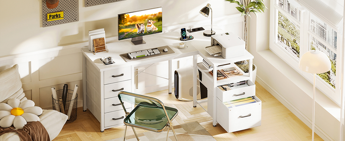Комп'ютерний стіл Coleshome L-подібної форми з ящиками для документів, USB-роз'ємом та розеткою, для дому та офісу (білий, 140x70 см)