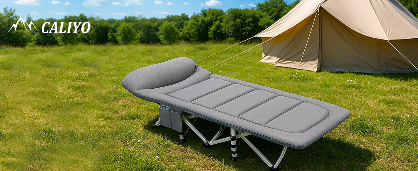 Розкладне кемпінгове ліжко CALIYO з матрацом, 200x80x40 см, витримує до 200 кг, сталевий каркас, тканина Оксфорд, сіре (з сумкою для зберігання)