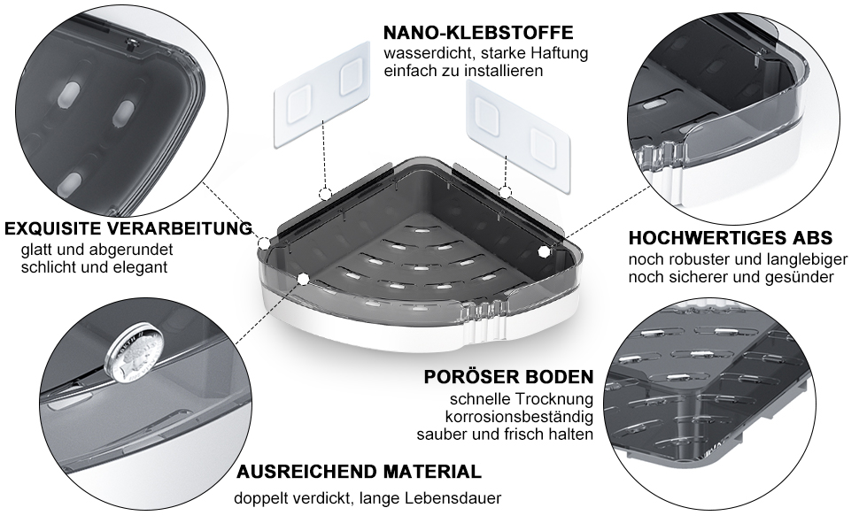 Кутовий душовий кадді WeshyiGo, 2 клейкі полиці з мильницею та 4 гачками, настінні для ванної кімнати та кухні