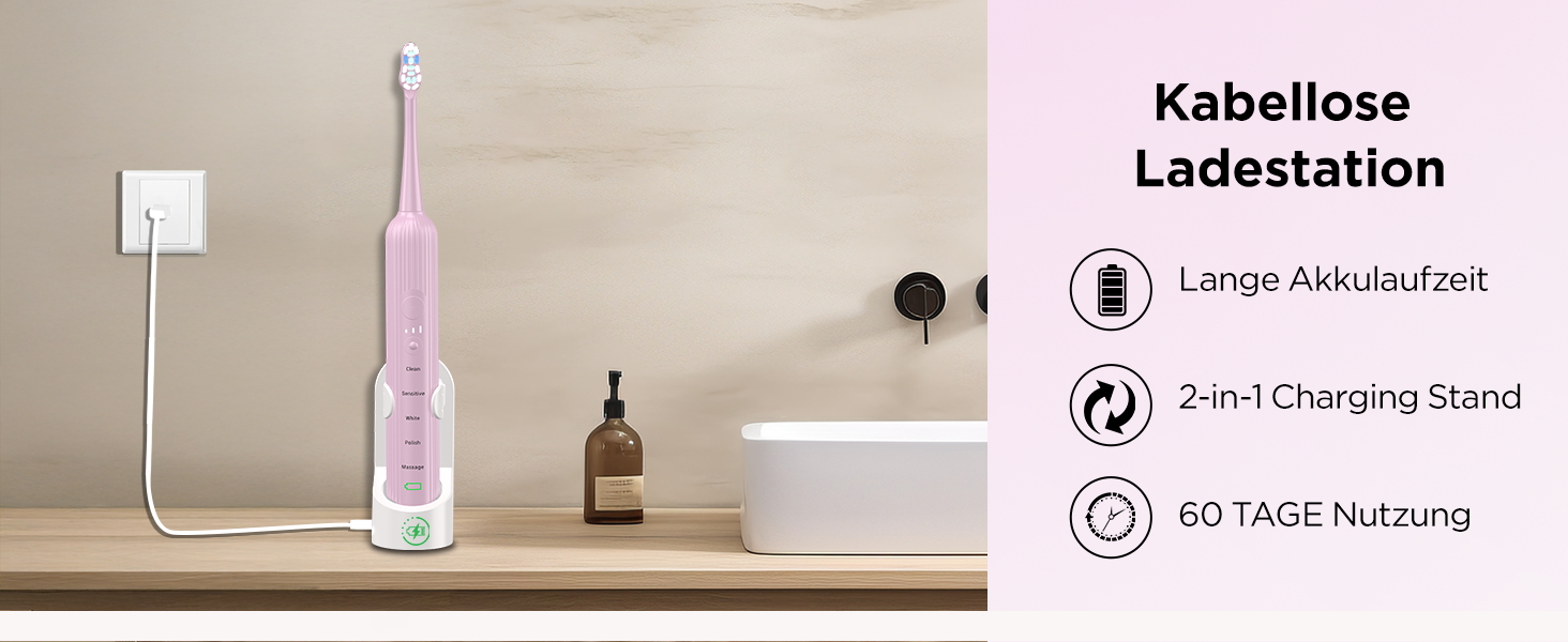 Електрична зубна щітка звукового типу для дорослих та дітей, 5 режимів чищення, 3 рівні інтенсивності, таймер, 8 насадок, чохол для подорожей, рожевий колір