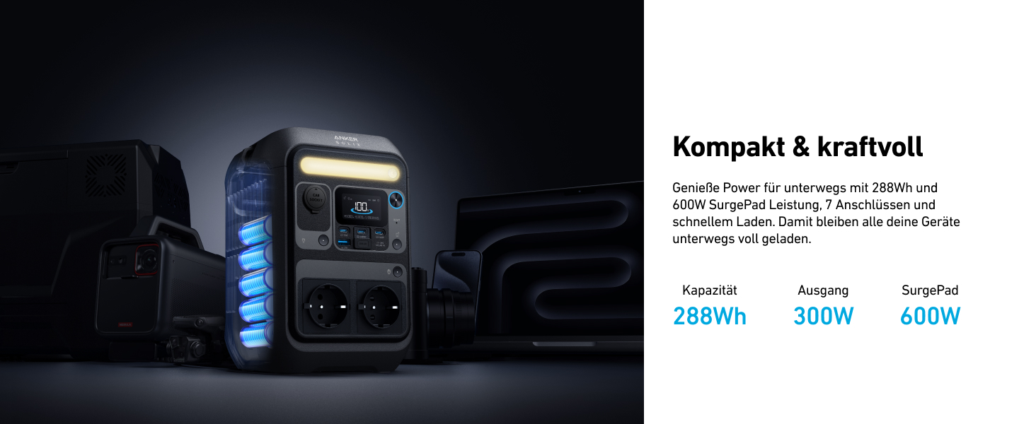 Портативна електростанція Anker SOLIX C300X: 288Wh LiFePO4, 300W (600W max), для кемпінгу та подорожей