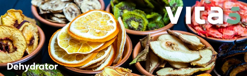 Дегідратор Vita 5 з 6-ма решітками з нержавіючої сталі - 0,7 м² сушарної поверхні, регулювання температури (35-75°C) для фруктів, овочів, м'яса. 650W, 24H таймер, LED дисплей, 6 етапів, нержавіюча сталь
