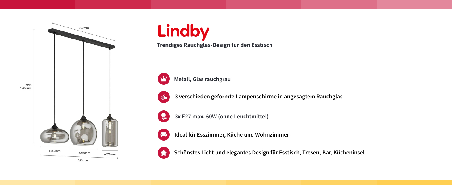 Обідній стіл Lindby Підвісний світильник Скло димчасто-сірий, підвісний світильник Копчене скло Їдальня 3 шт. E27, без лампочки, Підвісна лампа Вітальня, Світильник для їдальні