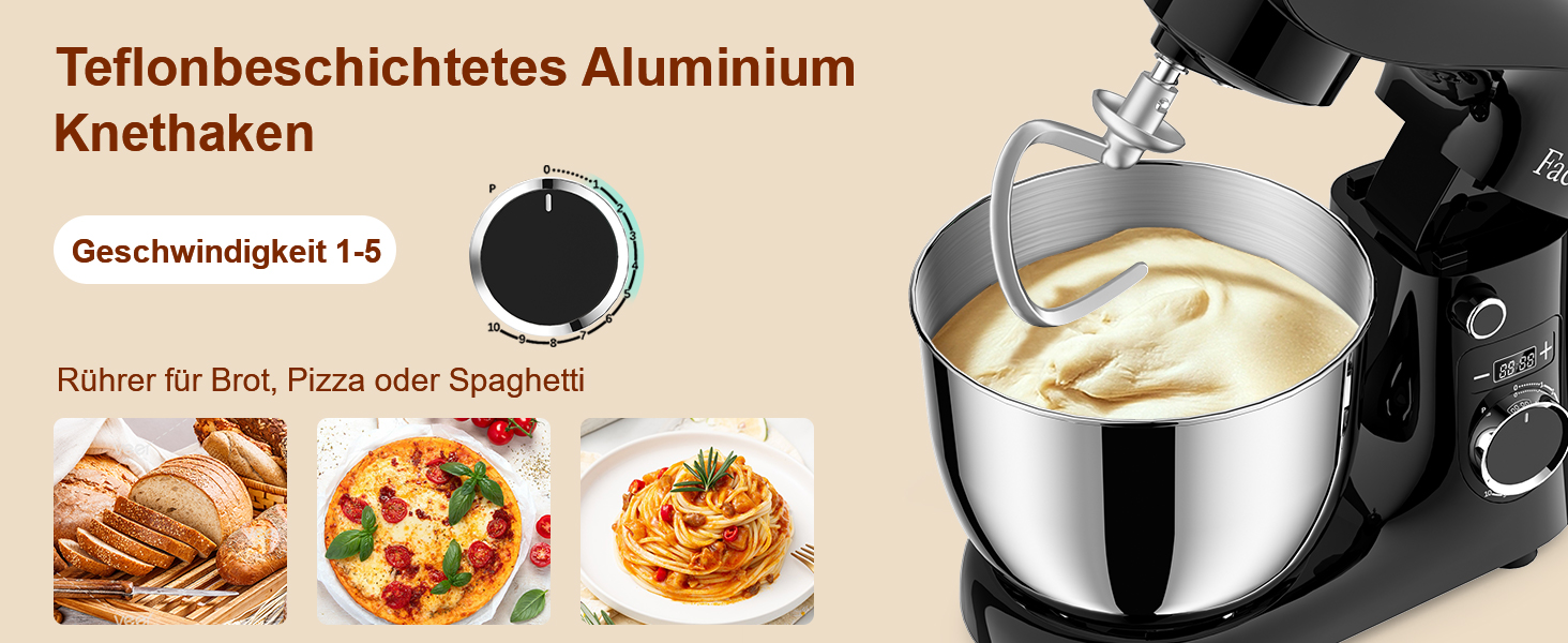 Кухонна машина Facelle 1500W з місткістю 5,5/4,5л: міксер, тістоміс, набір насадок, тиха робота (чорний)