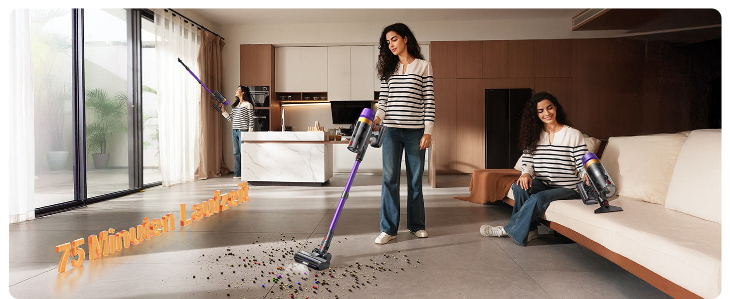 Акумуляторний пилосос бездротовий для шерсті тварин, 1.8л з дисплеєм, 55000Па/620Вт/75хв, вертикальний з анти-заплутувальною щіткою та док-станцією для килимів/твердих підлог/авто, фіолетовий