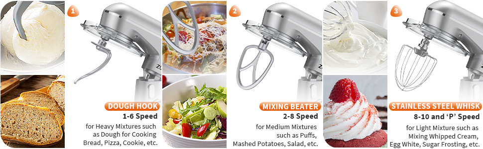 Кухонна машина Zurio 5.5L: міксер, планетарний міксер, 1300W, 10 швидкостей, з набором аксесуарів (крюк, вінчик, міксер)