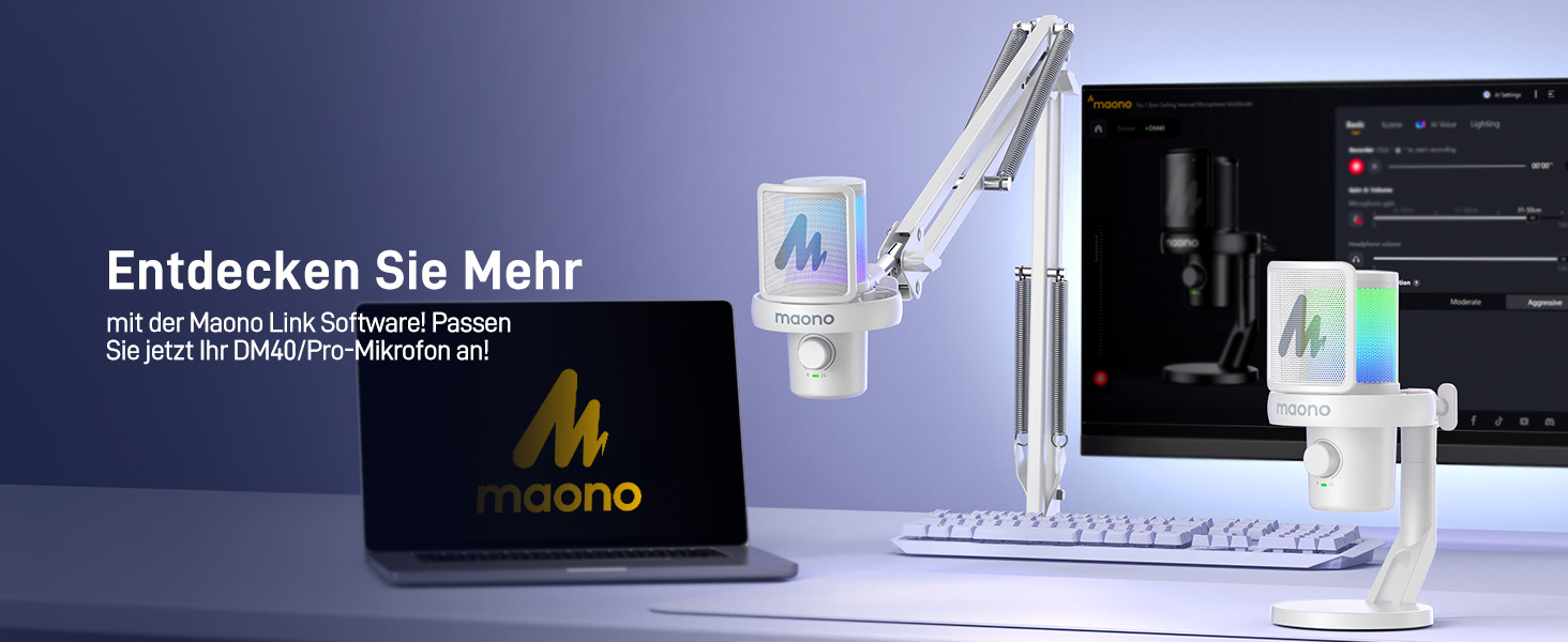 MAONO DM40 Бездротовий мікрофон для ПК з RGB-підсвіткою та ШІ-зміною голосу, шумозаглушення, для геймінгу, подкастингу та стрімінгу