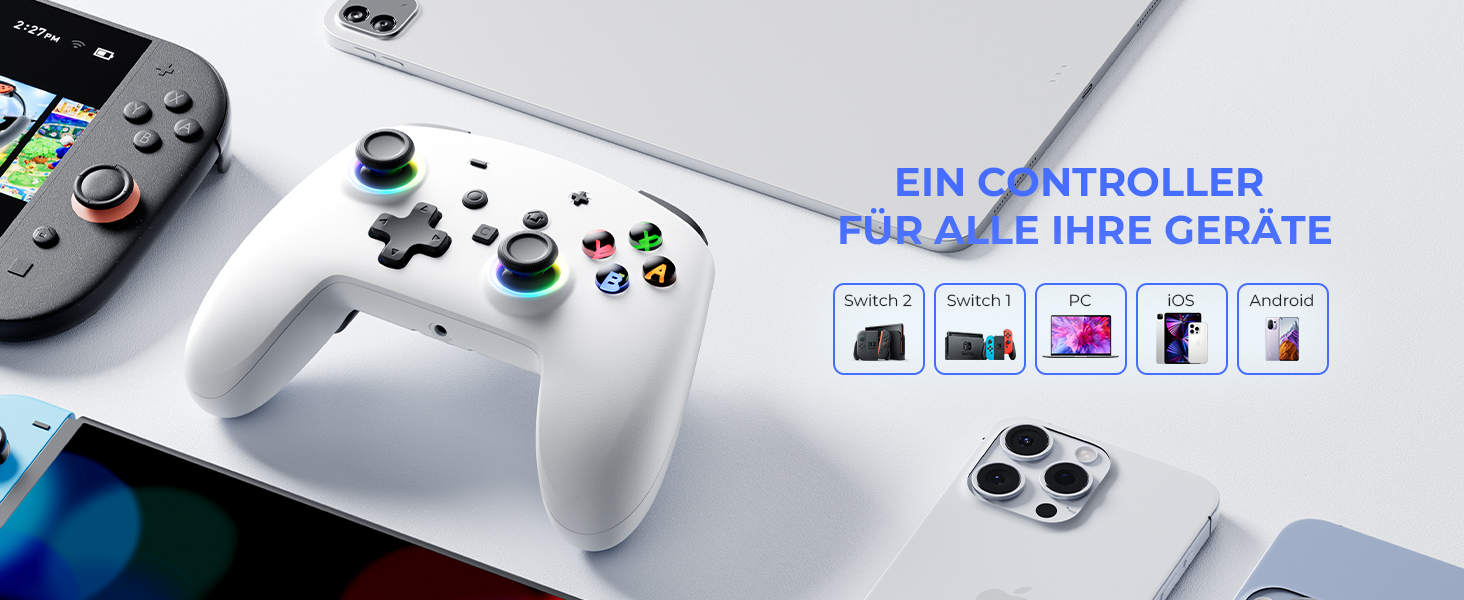 Бездротовий ігровий контролер ECHTPower для PC, Switch, Steam Deck, Android, iOS — RGB підсвічування, Hall-джойстики, вібрація, Turbo, акумулятор 800mAh (Білий)