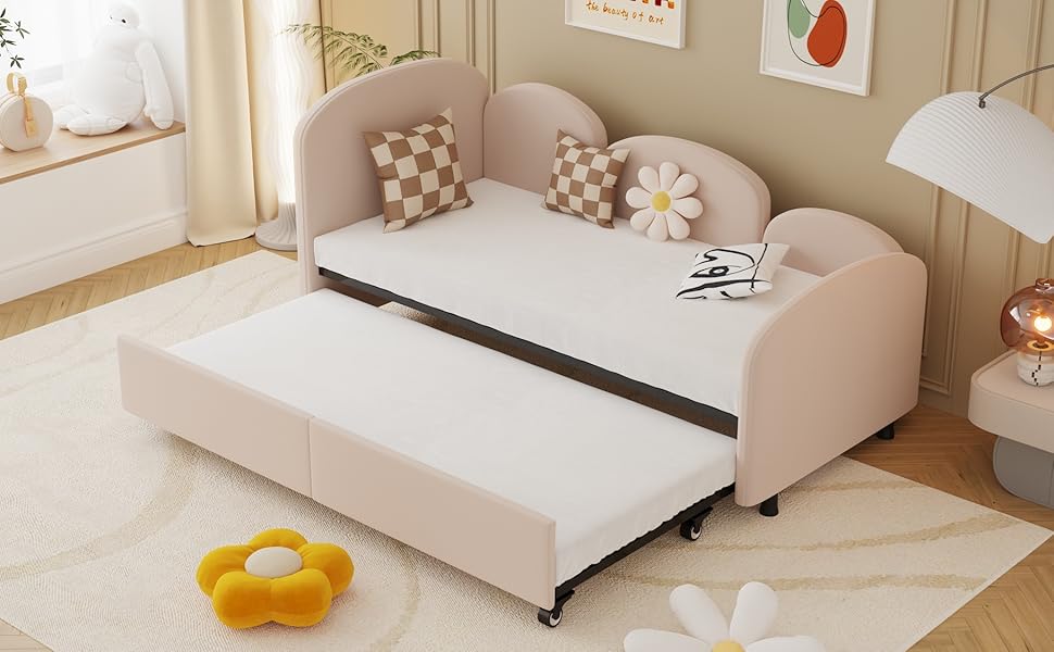 Дитяче ліжко-диван-трансформер 90x200 з висувною платформою, рожевий велюр, без матраца