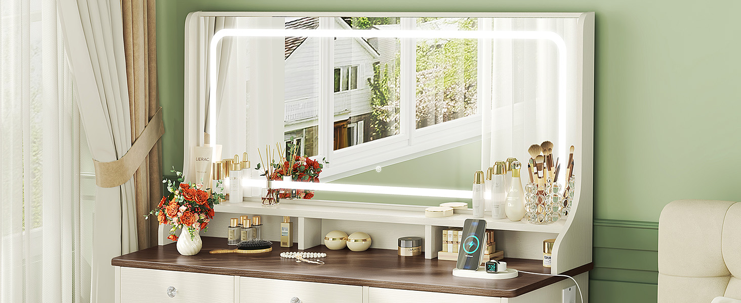 Дзеркальний туалетний столик Dripex з підсвічуванням, 11 шухляд, великий LED-дзеркало, розетка, регульована яскравість, білий (110см, вінтажний коричневий)