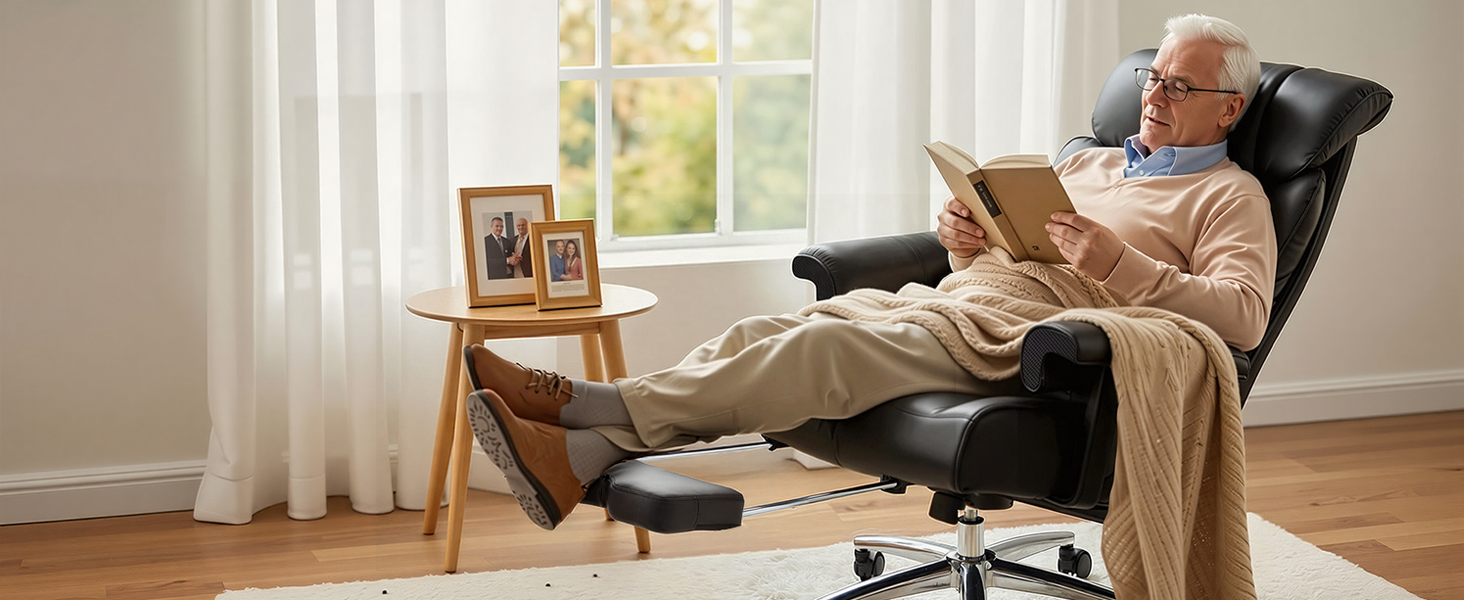 Офісний крісло Efomao XXL 200 кг з підставкою для ніг, сіре. Крісло для керівника з екошкіри, висока спинка, регульовані підлокітники, підтримка попереку для дому та офісу.