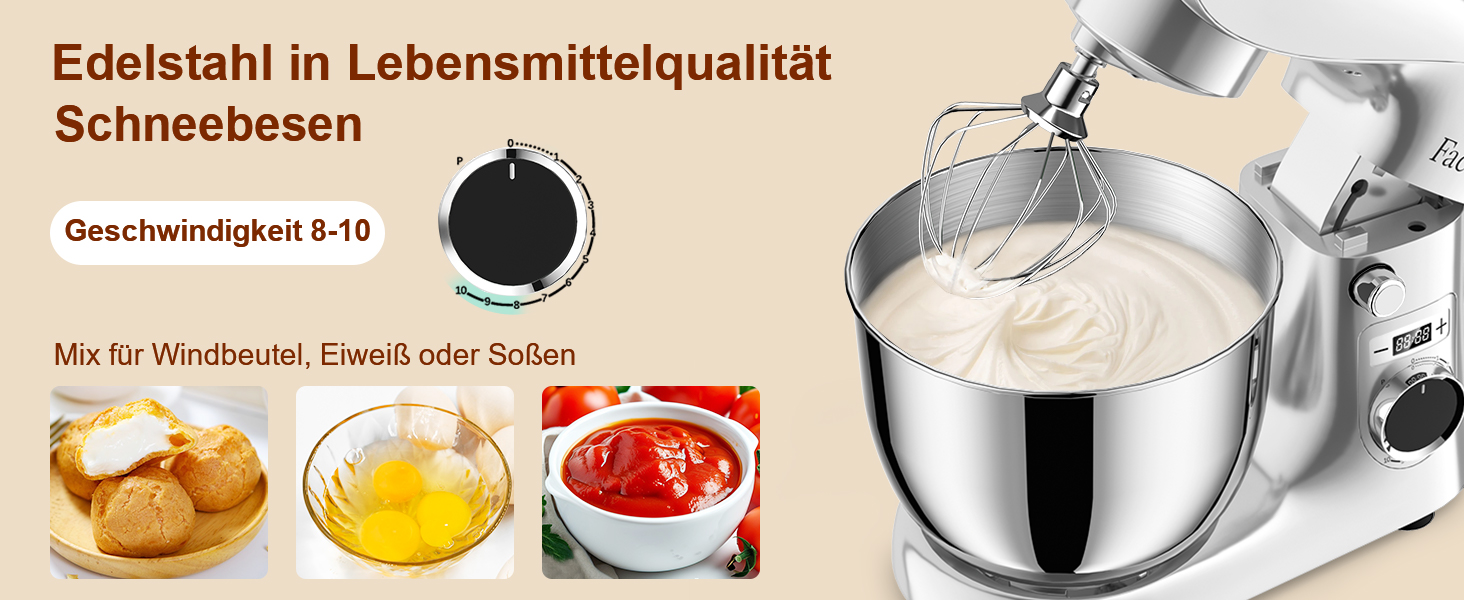 Кухонна машина-міксер Facelle 1500W з 5.5L та 4.5L чашами, 10+ програм, тиха робота, срібна