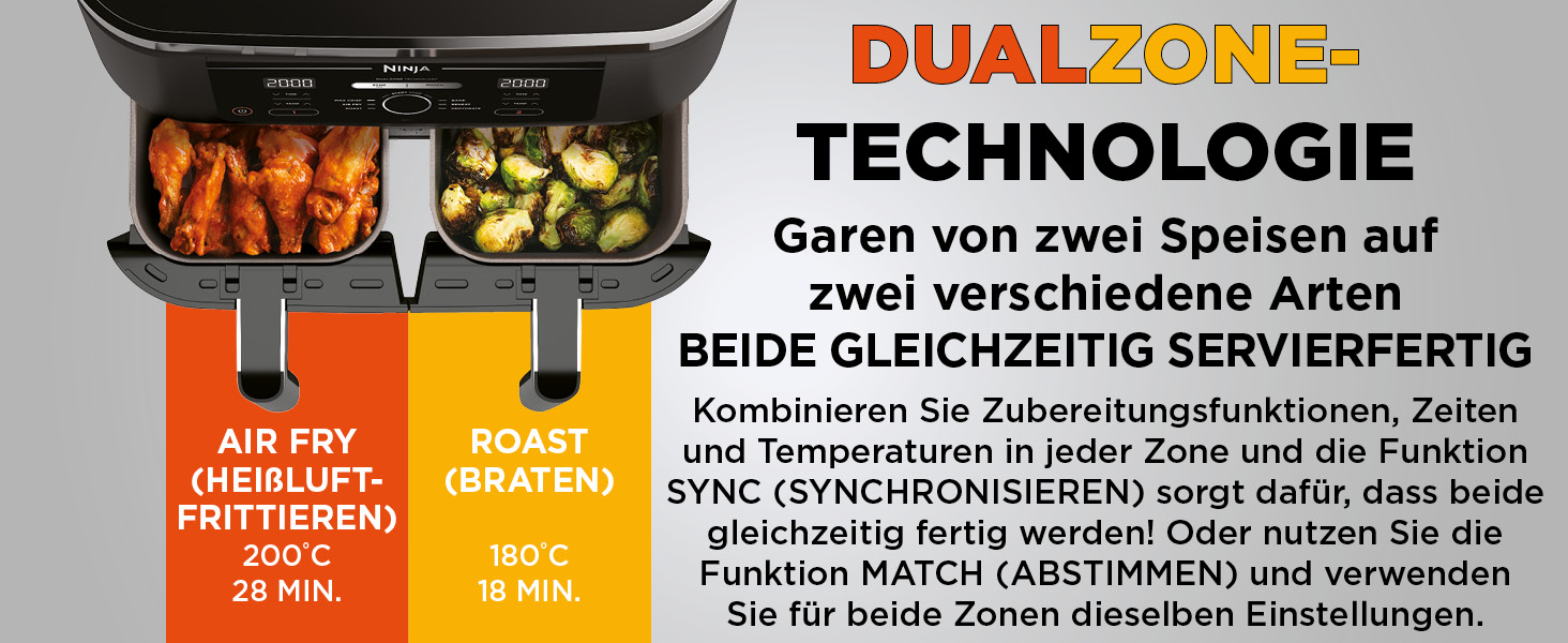 Фритюрниця повітряна Ninja Foodi Dual Zone AF200EU, 7.6 л, 4-в-1, чорна, з 2 зонами, антипригарне покриття