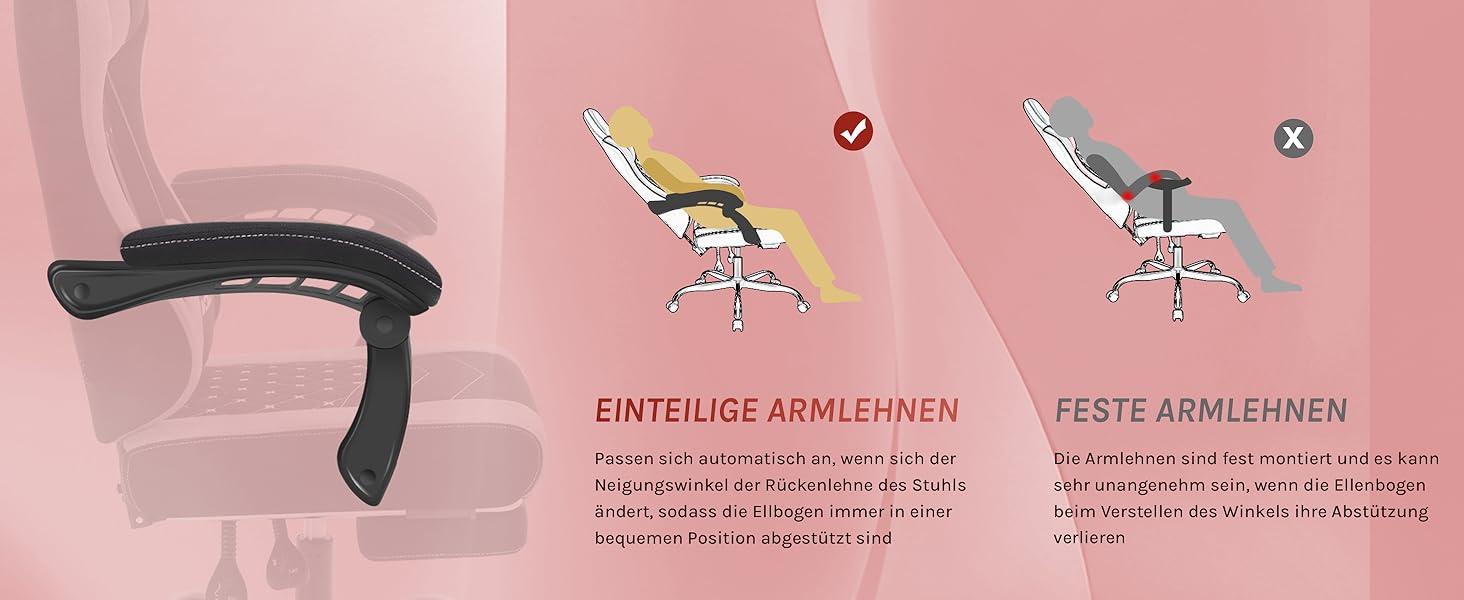 Ігровий крісло WOLTU з масажем, комп'ютерне ергономічне крісло з кишеньковим пружинним сидінням, підтримкою попереку, подушкою для голови, підставкою для ніг, поворотне, 150 кг, рожево-біле (чорно-рожеве, сітчаста тканина)