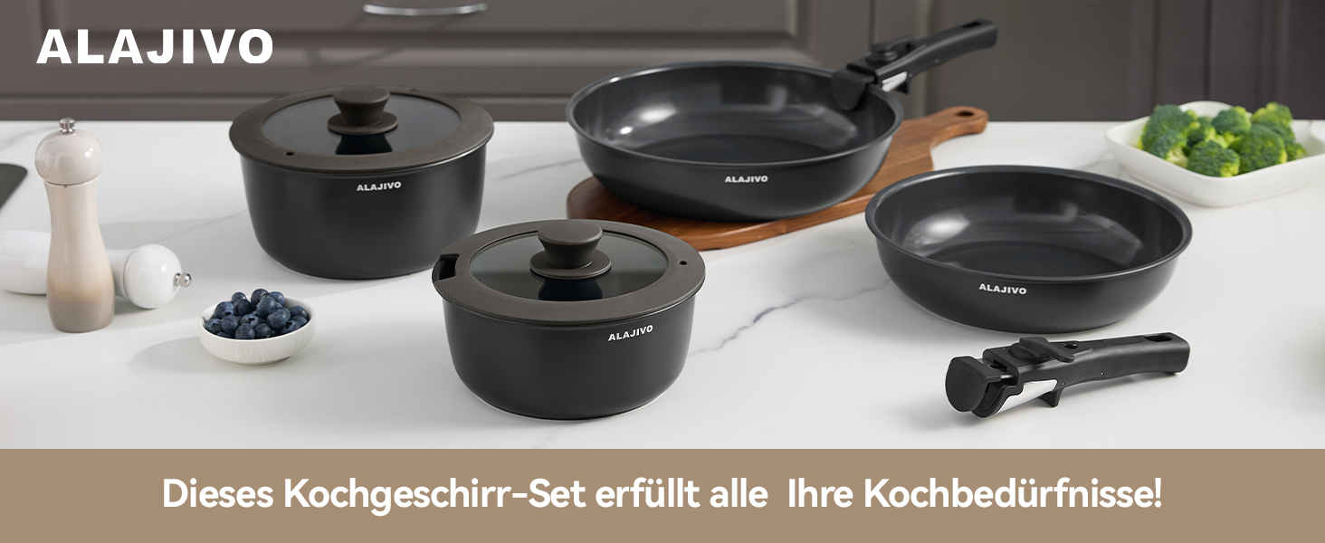 Набір каструль з керамічним покриттям 14 предметів, антипригарне покриття, індукційне дно, 24/28 см сковороди, для всіх типів плит, сумісний з духовкою
