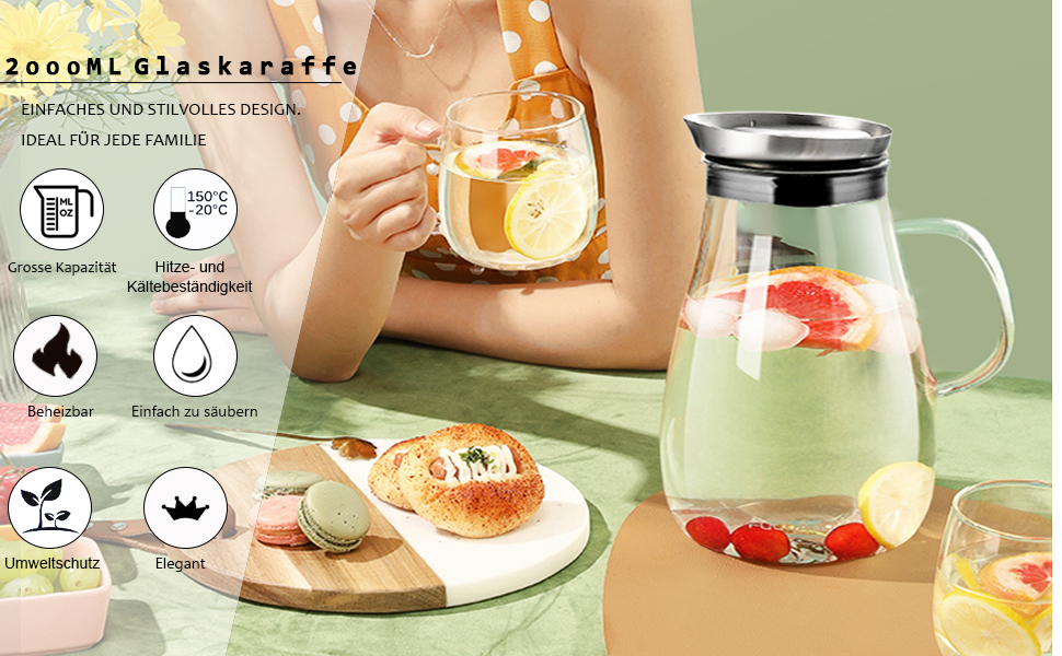 Скляна джезва для води з боросилікатного скла, 2 л, з нержавіючою кришкою