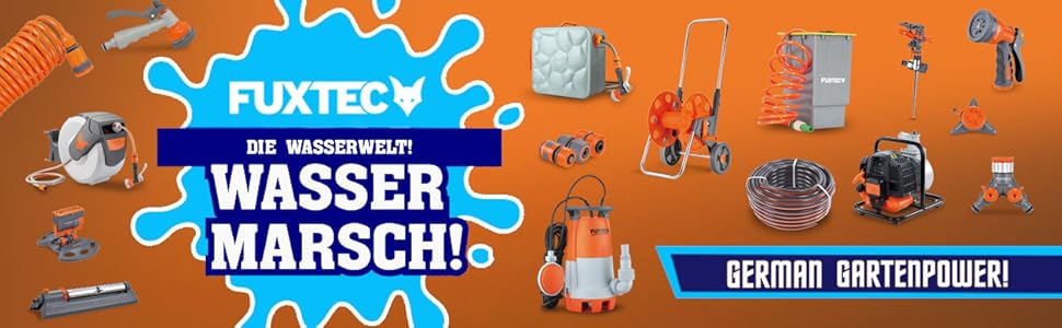 Автоматичний шланг для саду Fuxtec FX-WSA30 – 30 метрів, ½ дюйма, з роликом для стіни, включаючи ручну лійку та з'єднувачі, поворотний на 180°, оранжевий