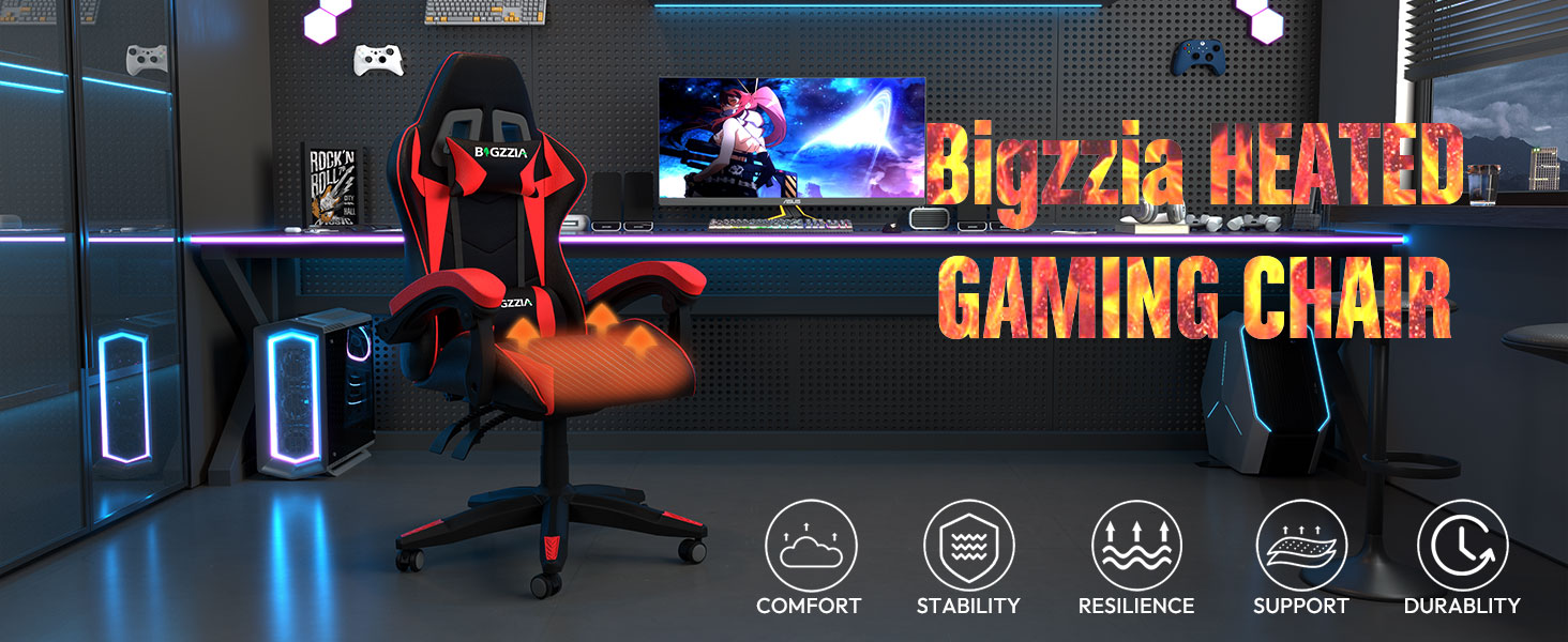 Ігровий крісло Bigzzia Ergonomiczne з підголівником та підлокітниками (Чорно-червоний, з підігрівом)