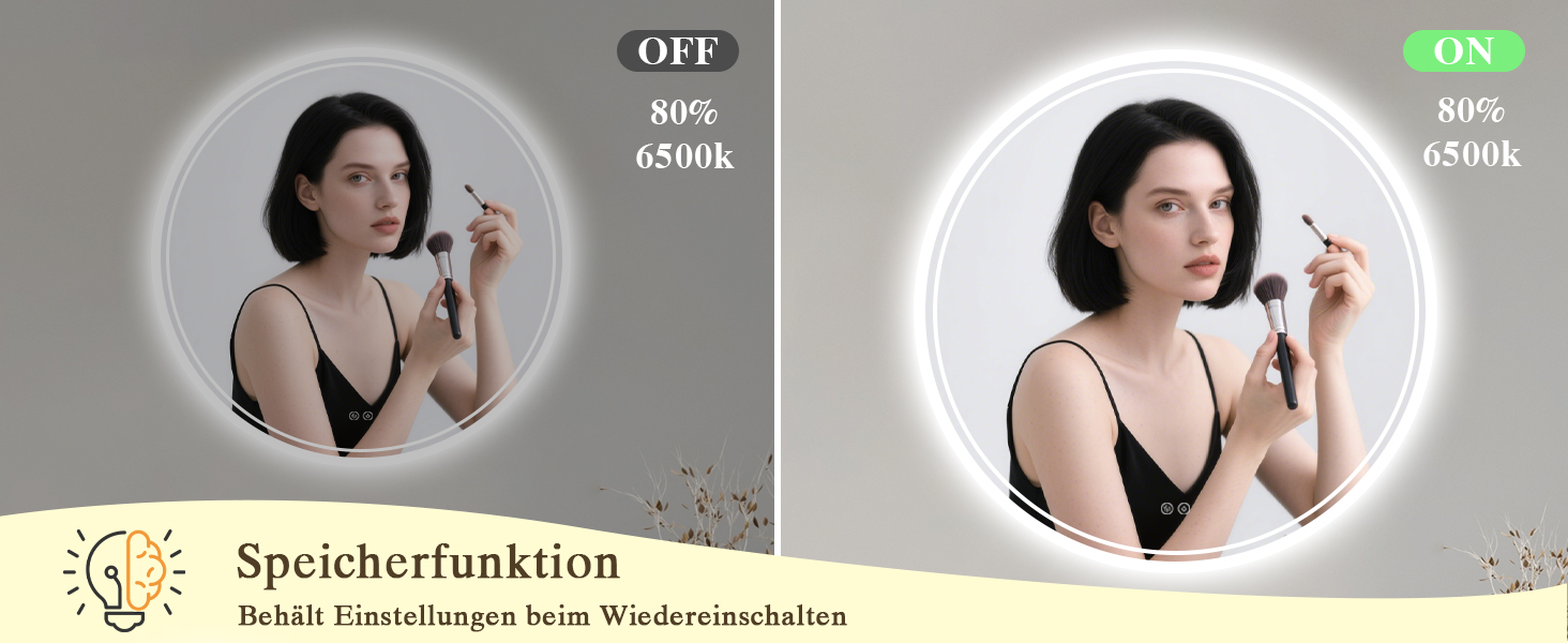 Дзеркало для ванної кімнати з підсвічуванням LED, кругле 50см, сенсорне керування, регулювання яскравості, функція пам'яті, дзеркало з HD склом, захист від вибуху, антизапотівальне покриття, 3 кольори світла, 70x70 см