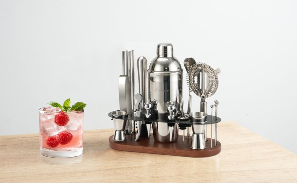 Набір бармена 23 шт: шейкер, сито, ложка, мадлер, для дому, бару, вечірки (колір коричневий)