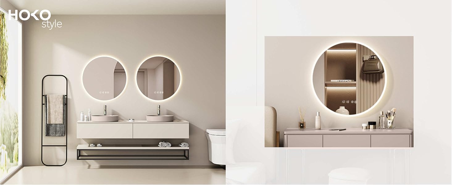 Дзеркало для ванної кімнати HOKO круглої форми, 80 см з підсвічуванням, антизапарювання, рамка, сенсорний вимикач з пам'яттю, регулювання світла 2700-6500K (тепле біле - холодне біле - нейтральне), 80 x 80 см, чорний колір