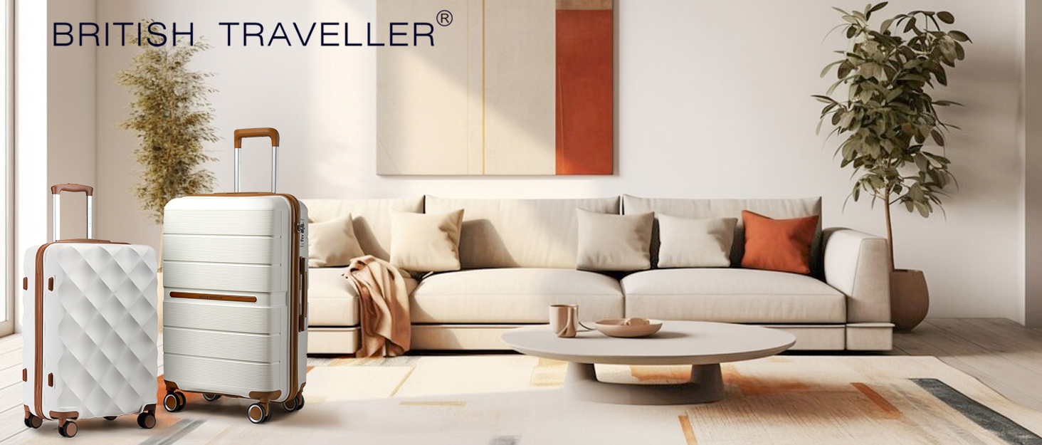 Набір валіз British Traveller: ручна валіза 54x36.5x21.5 см + косметичка 31x25x17 см, ABS+PC, кремовий